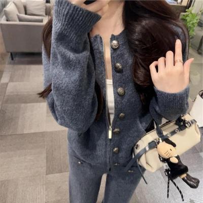 慵懒风软糯针织套装女2025秋冬韩系小香风毛衣开衫+阔腿裤两件套