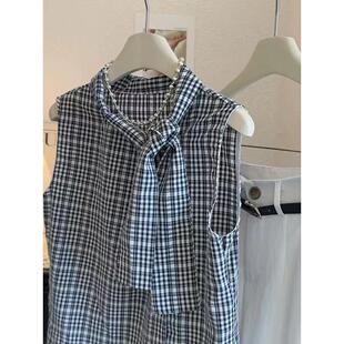 小资无袖 法式 上衣黑色格子蝴蝶结系带韩系背心女夏 无D推荐 自留款