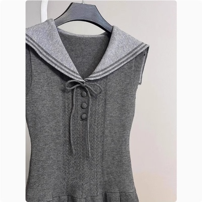 品牌买手店韩系洋气漂亮减龄超好看气质收腰海军领针织连衣裙子女