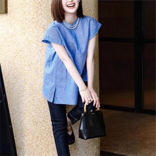 女夏季 法式 蓝色条纹小飞短袖 衬衫 轻熟设计感小众上衣独特别致小衫