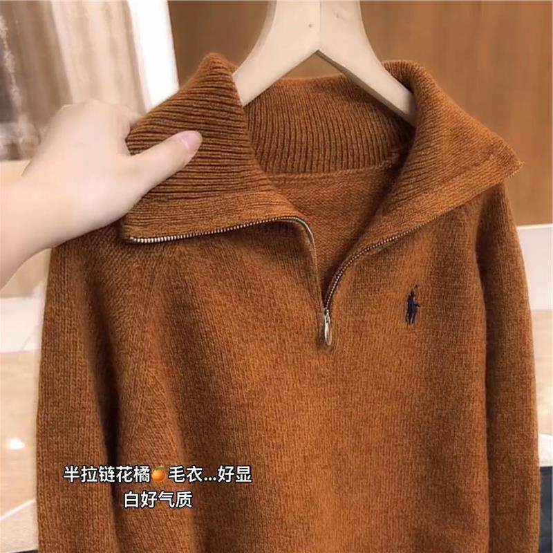 橙色翻领长袖针织衫女2025秋冬新款欧货气质休闲高级感大码毛衣潮