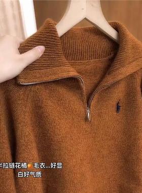 橙色翻领长袖针织衫女2025秋冬新款欧货气质休闲高级感大码毛衣潮