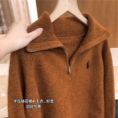 橙色翻领长袖针织衫女2025秋冬新款欧货气质休闲高级感大码毛衣潮