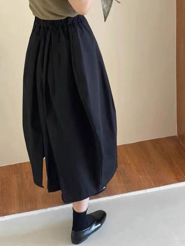 品牌专柜高端女装外贸小众黑色花苞裙高腰中长款过膝后开叉半身裙