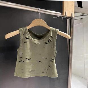牛X货 2024新款 绿色修身 做旧破洞螺纹坑条吊带女坦克背心 巨炸裂