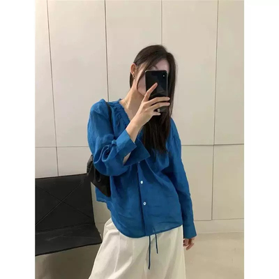 CHAO级推荐！2025春季新款复古小众V领苎麻抽绳设计感长袖衬衫女