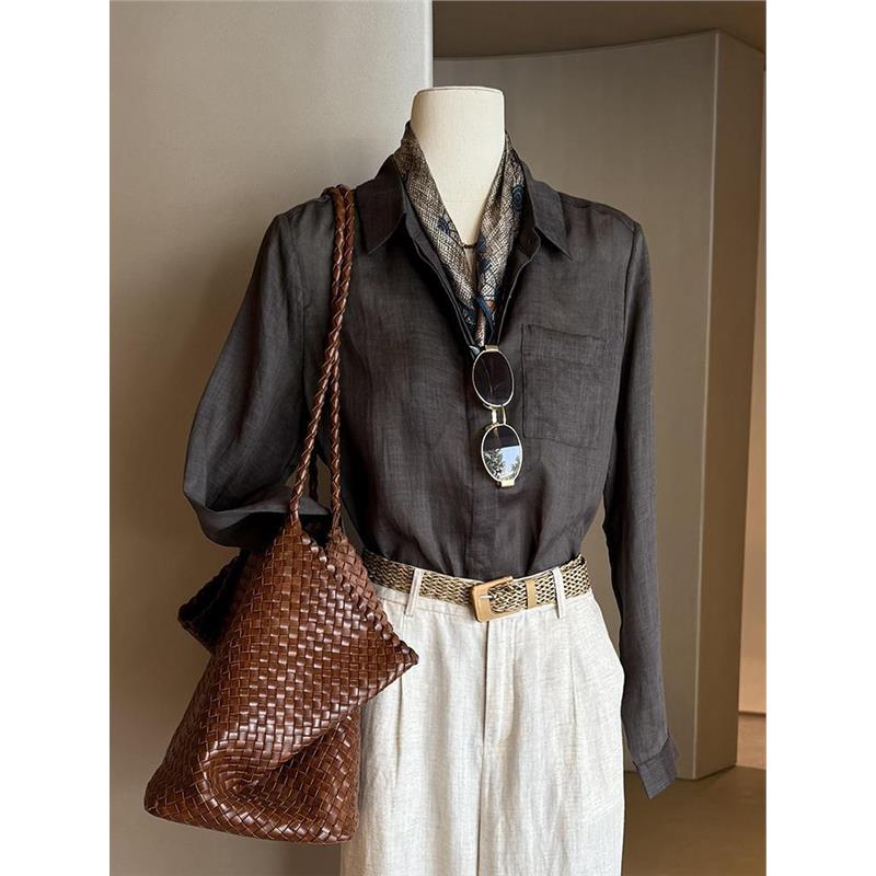 CHAO级推荐！气质老钱风翻领单排扣亚麻衬衫女夏季防晒空调衫上衣