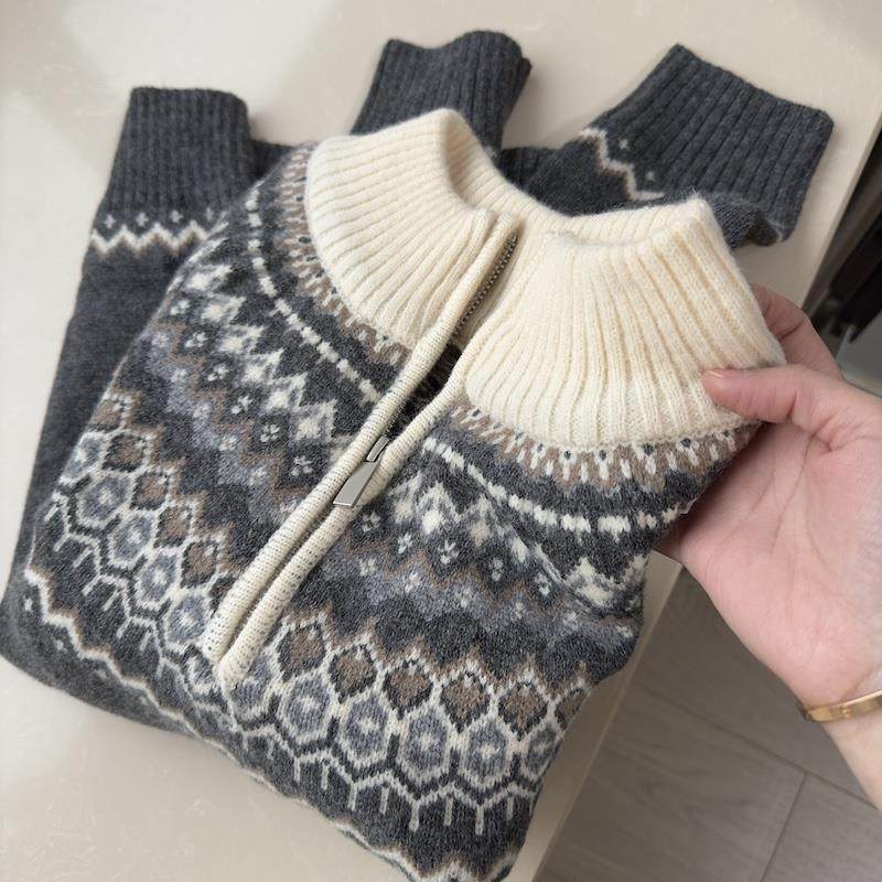 怒推！外贸单品质，复古提花图案25秋冬拉链套头休闲针织衫毛衣女