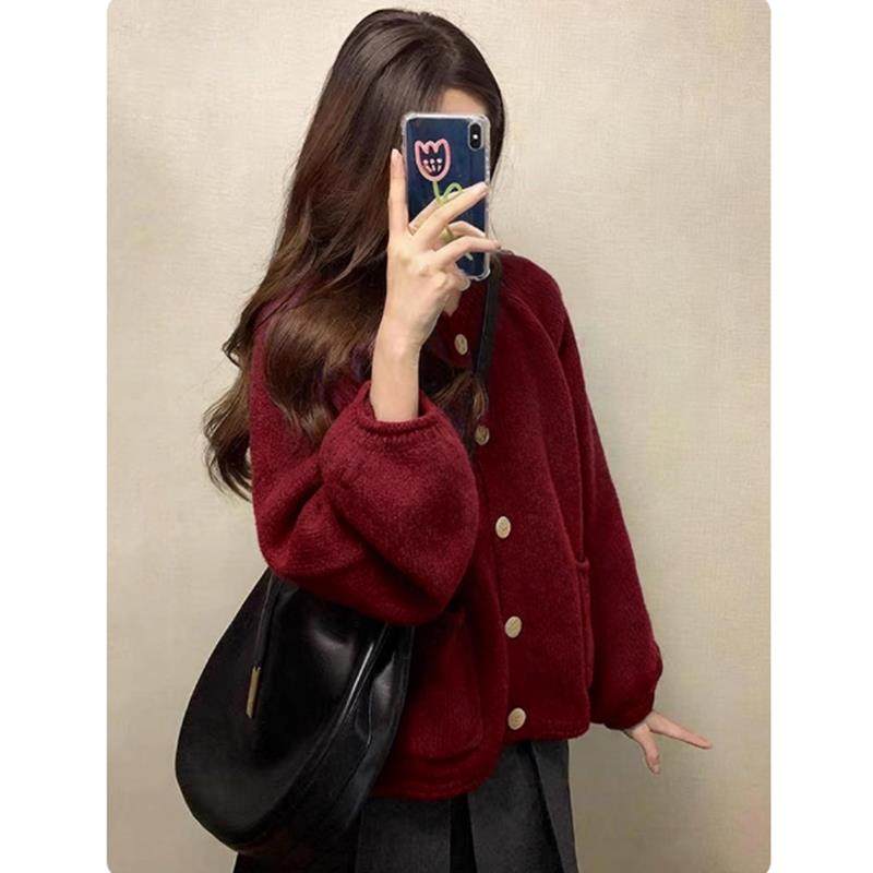 挚爱推荐！秋季酒红色毛衣外套女宽松慵懒高级感洋气减龄针织开衫,女装/女士精品,毛衣,淘宝优惠券,粉丝福利购,淘宝优惠卷