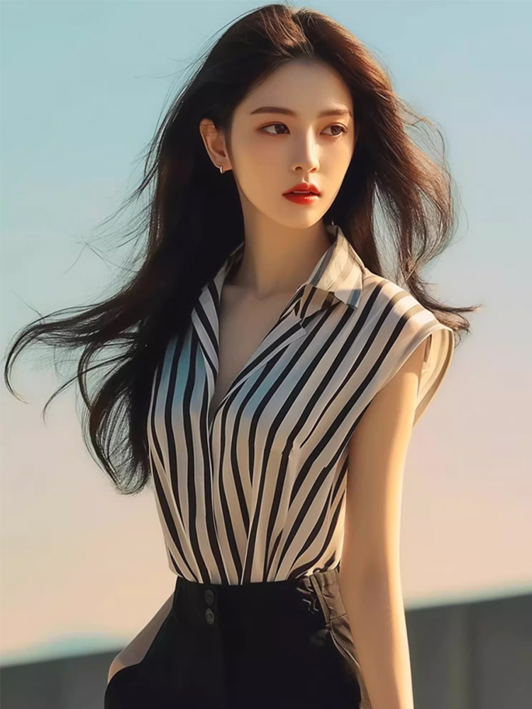 夏季法式气质黑色条纹polo领无袖衬衫设计感小众别致绝美修身上衣