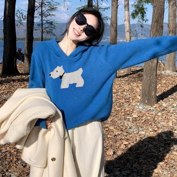 秋冬超好看克莱因蓝连帽小狗毛衣针织衫女2024年新款独特漂亮上衣