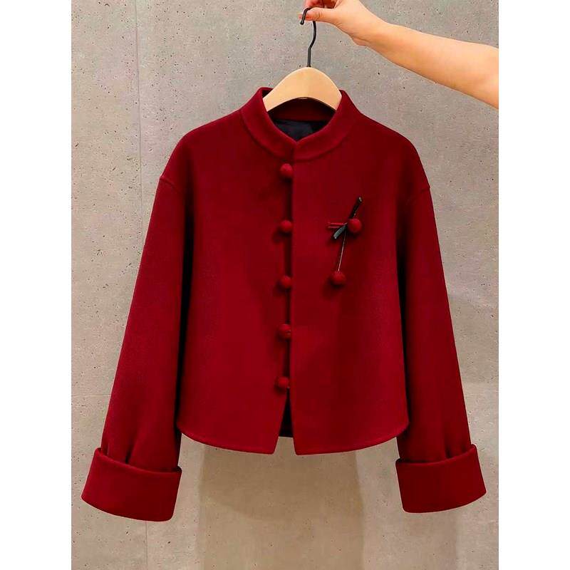 新中式国风立领盘口时尚洋气百搭设计感红色毛呢外套2025冬季新款