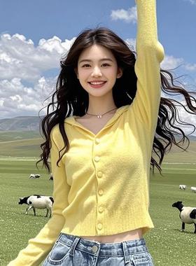 2024初秋新款小个子奶系穿搭黄色连帽毛衣针织开衫外套女短款上衣