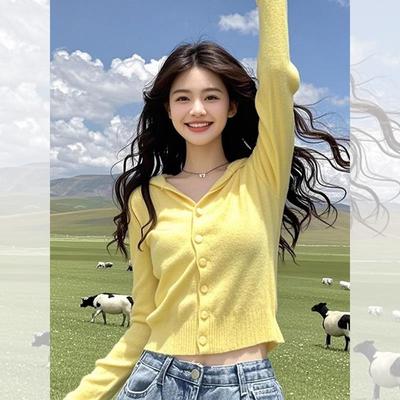 2024初秋新款小个子奶系穿搭黄色连帽毛衣针织开衫外套女短款上衣