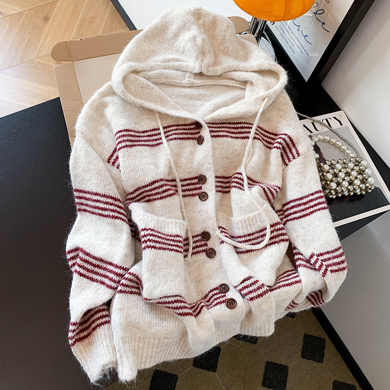 狠舒适！自留款，慵懒风条纹连帽羊毛开衫女早春韩系中长款针织衫
