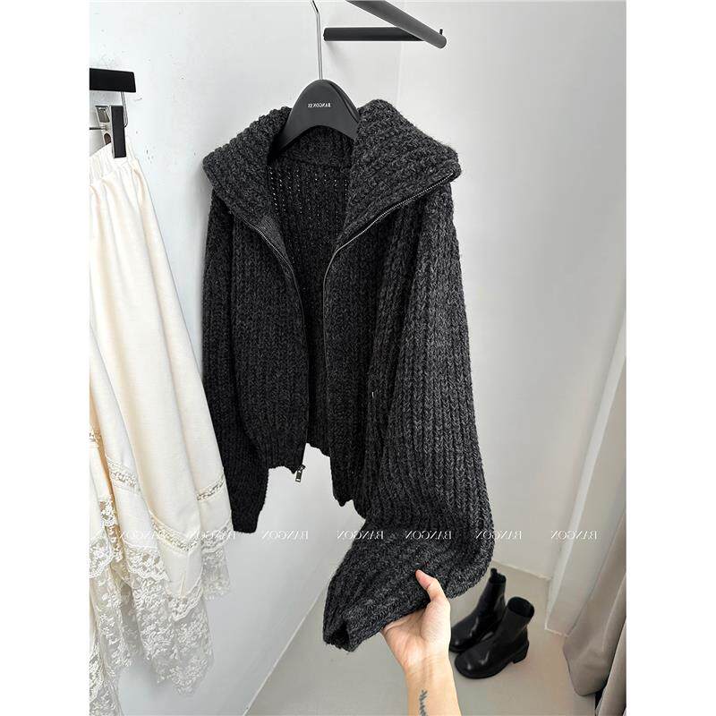 挚爱推荐！韩系老钱风拉链针织开衫女秋冬新款质感高领毛衣短外套