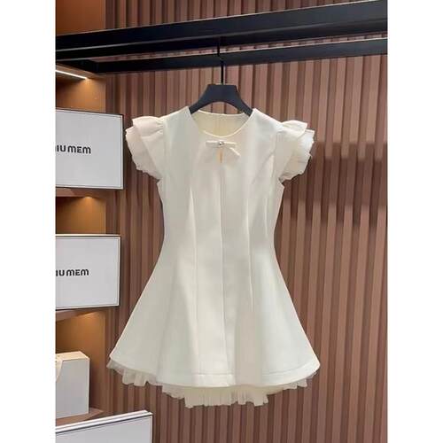 夏日绝美法式高级感小香风公主礼服子裙白色飞飞袖a字连衣裙女装