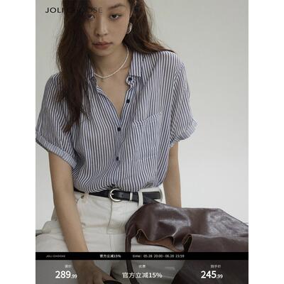 王炸怒推！撞色条纹透气苎麻短袖衬衫女25夏季新款气质高级感衬衣