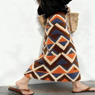 牛X货 撞色羊羔毛半身裙女秋冬松紧高腰气质显瘦a字裙子 巨炸裂