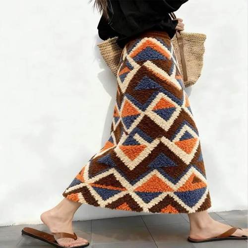 牛X货 巨炸裂！撞色羊羔毛半身裙女秋冬松紧高腰气质显瘦a字裙子