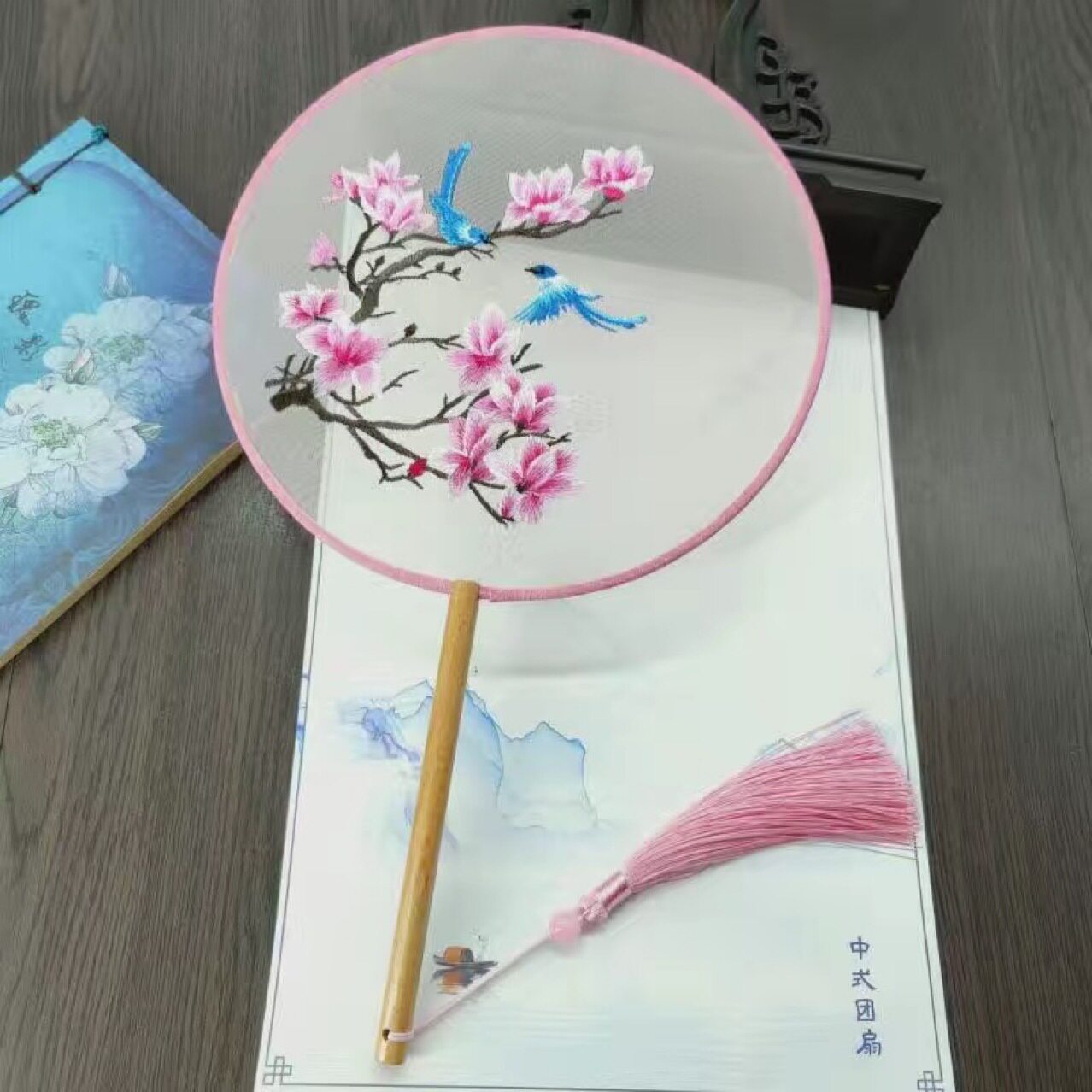双面刺绣古典圆扇中国汉服古风长柄流苏旗袍仙鹤透明仿丝舞蹈扇子