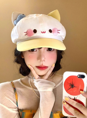 甜美卡通猫贝雷帽女显脸小百搭