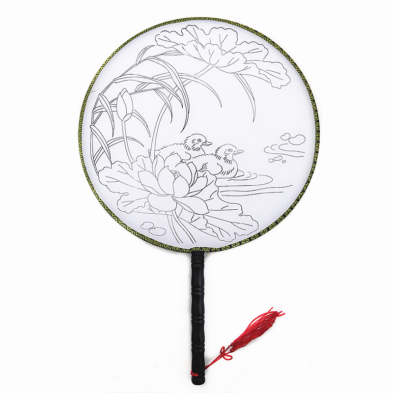 diy工笔手绘团扇子水墨国画荷花牡丹填色扇黑白线稿鸳鸯戏荷活动