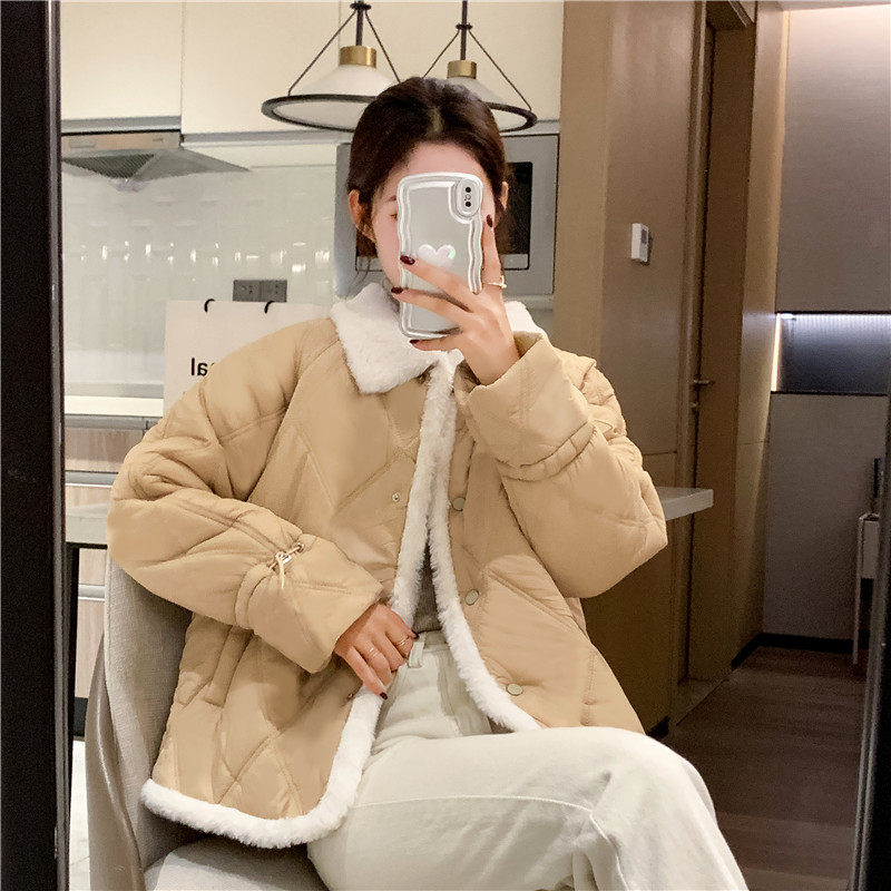 小个子羽绒棉服女2023新款设计感菱格棉衣毛毛领加厚棉袄短款外套