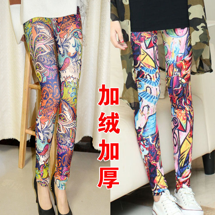 女士打底裤大码加绒加厚冬2026新款彩色涂鸦印花图案个性潮小脚裤