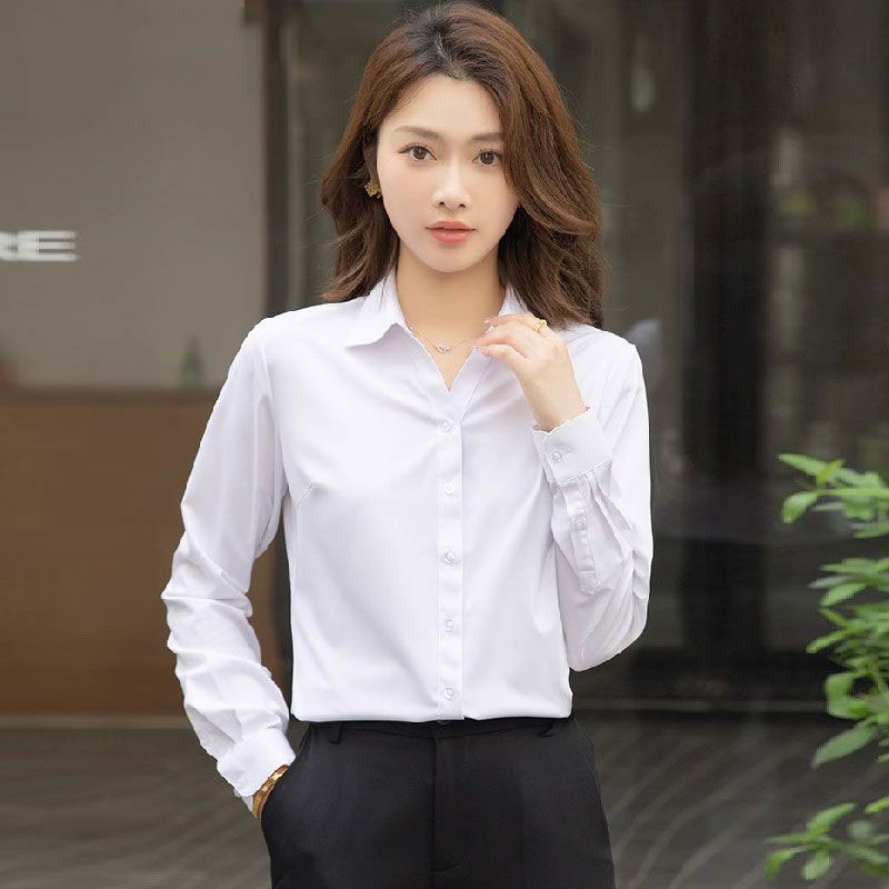 白色方领长袖职业衬衫女春秋新款气质商务通勤正装公务员面试衬衣