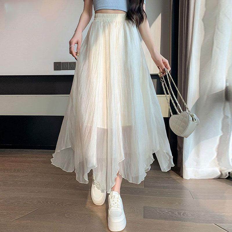 杏色不规则甜美半身裙女2025春秋新款网纱高腰温柔风纱裙仙女A裙