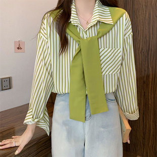 春秋季时尚新款披肩假两件衬衣宽松显瘦条纹海军领百搭长袖衬衫