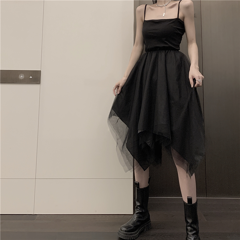 Real price dark Retro High Waisted yarn skirt medium length suspender irregular hem mesh dress