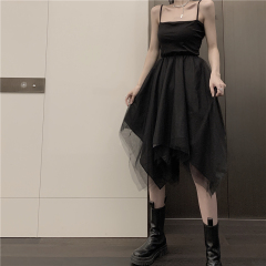 Real price dark Retro High Waisted yarn skirt medium length suspender irregular hem mesh dress