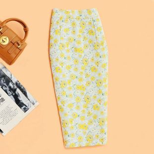 淡黄色提花春夏女小碎花后开叉一步包臀裙中长款包裙文艺风
