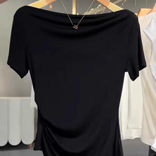 气质绝美显瘦短款 黑色冰丝短袖 法式 新款 一字肩上衣 t恤女2026夏季