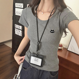 设计感小众重磅棉正肩U领短袖t恤女夏季美式辣妹短款修身显瘦上衣