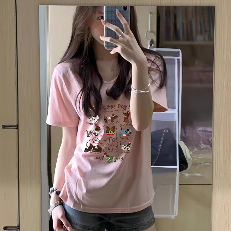 夏日ootd穿搭棉v领正肩t恤女生短袖夏季宽松学生上衣服设计感小众