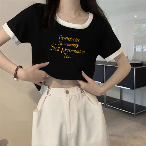 棉修身撞色短袖t恤女夏季辣妹