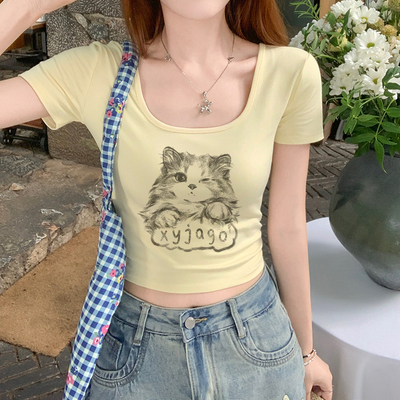 高级感黄色棉短袖t恤女夏短款