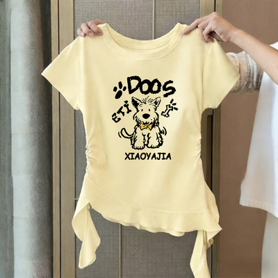 多巴胺黄色小狗印花正肩短袖T恤