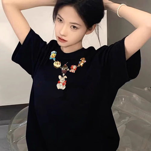 美式黑色纯棉短袖t恤女夏季宽松