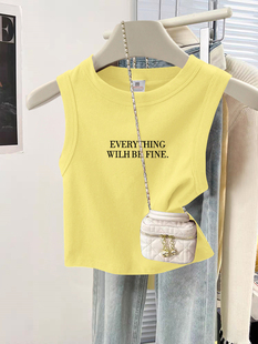 t恤上衣夏季 短款 chic设计感小众百搭修身 嫩黄色吊带背心女生美式