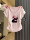 小上衣女生夏季 t恤粉色小猫印花百搭正肩抽褶短袖 显瘦短款 v领修身