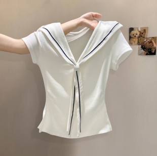 开叉掐腰显瘦百搭短款 漂亮小衫 上衣 t恤女夏季 海军领白色正肩短袖