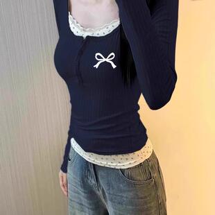 藏青色显白长袖打底衫流行甜辣妹修身碎花假两件t恤上衣女生秋冬