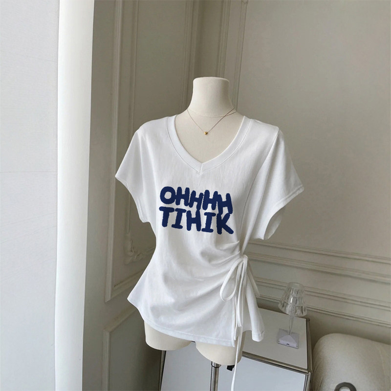 短袖T恤女夏季字母印花V领绑带图片