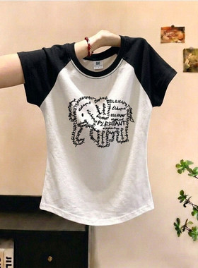 黑白撞色拼接插肩袖短袖t恤女