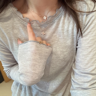 修身 灰色木耳花边打底衫 女秋冬季 内搭2026新款 T恤高级感上衣 长袖