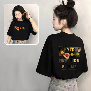 黑色重磅棉短袖t恤女款夏季韩版宽松初中学生正肩上衣设计感小众